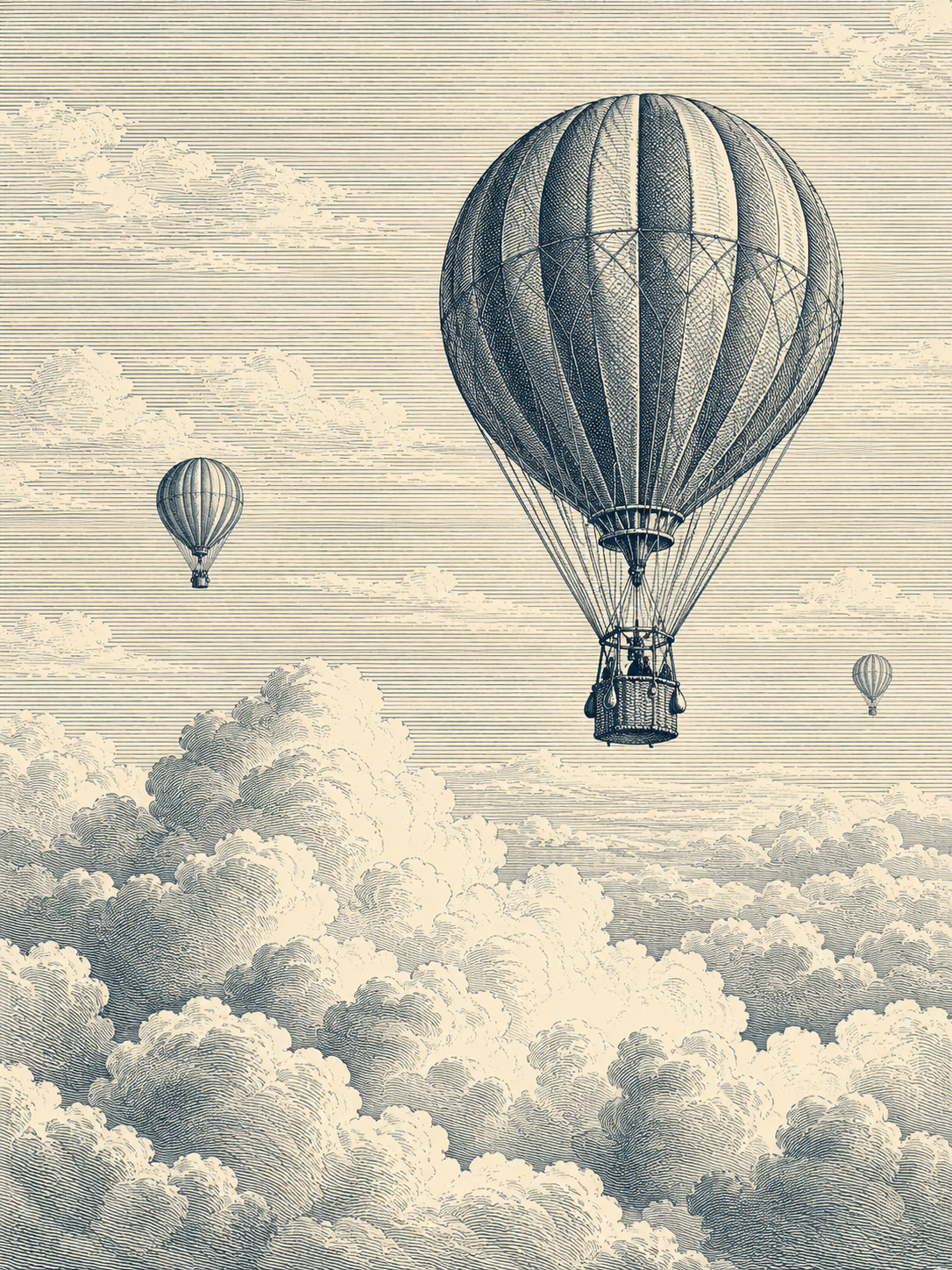 Navy and tan engraving of hot air balloons above clouds